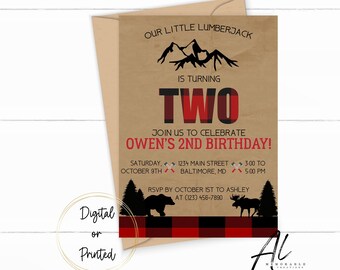May include: A brown and red birthday invitation with a woodland theme. The invitation says "Our Little Lumberjack is Turning Two" and "Join us to celebrate Owen's 2nd Birthday!" The invitation has a red and black plaid border and features a silhouette of mountains, a bear, and a moose.