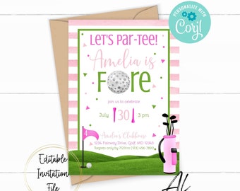 Editable Pink Golf Birthday Invitation, Printable Girl Golf Birthday Invite, Let's Par-tee Invite, Fore Golf Invitation, Instant Download