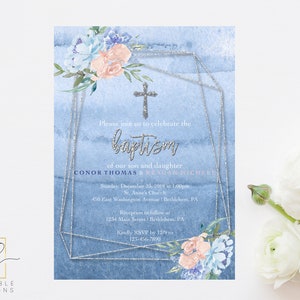 Twins Baptism Invitation, Boy Girl Twins Baptism Invitation, Watercolor Floral Geometric Invitation, Blush, Blue, Christening, Sacrament