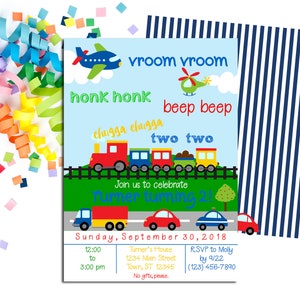 Transportation Birthday Invitation, Trains Planes Automobiles Party, Boy Birthday Invitation, Transportation Birthday Party, Car Plane Train