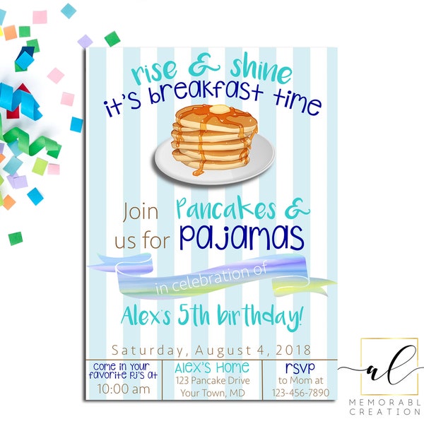Pancakes and Pajamas Birthday Invitation, Blue Boy Pancakes and Pajamas Party, Rise and Shine Pancake Party, Sleepover, Pajama Party Invite