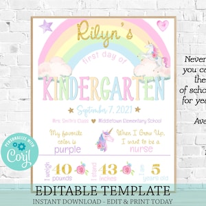 Unicorn First Day of School Editable Sign, Edit Yourself School Board, Instant Download First or Last Day of School Sign, Back to School
