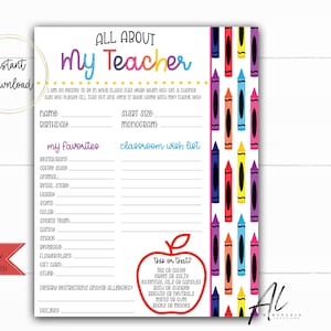 All About My Teacher Survey, Back to School Teacher Questionnaire, Teacher Favorites, Get To Know Teacher, Instant Download