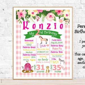 Póster de cumpleaños de niña con motivo de granja, pizarra floral de cumpleaños con animales de granja, póster de cumpleaños de niña, decoración para fiesta de granja, póster de granja rosa