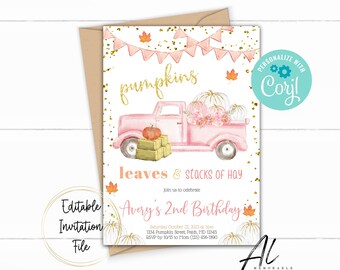 May include: Pink and gold printable invitation for a 2nd birthday party with a pink truck carrying pumpkins and hay bales. The invitation says "pumpkins, leaves & stacks of hay" and "Avery's 2nd Birthday".