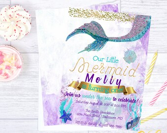 Mermaid Birthday Invitation, Under The Sea Invitation, Glitter Mermaid Invitation, Mermaid Birthday Party, Purple Teal Gold, Mermaid Party