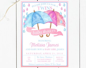 Twins Baby Shower Invitation, Umbrella Baby Shower Invitation, Baby Shower Invite, Twins Baby Shower, Blue and Pink, Umbrella Invite