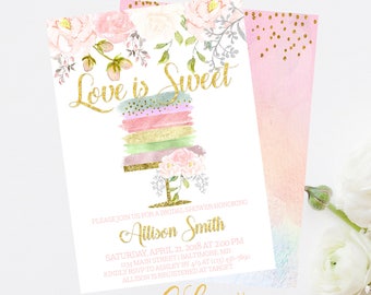 May include: A bridal shower invitation with a watercolor cake design and the text "Love is Sweet". The invitation is decorated with pink and gold flowers and confetti. The text "Allison Smith" is printed in gold lettering. The invitation includes the date, time, and location of the bridal shower.