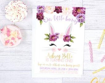 Some Bunny Birthday Invitation, Floral Bunny Birthday Invitation, Bunny Face Invitation, Girl Birthday Invite, Bunny Invite, Watercolor