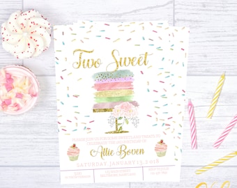 Two Sweet Invitation, Birthday Cake Invitation, Sprinkle Birthday Invitation, Cupcake Invitation, Two Sweet Party, Girl 2nd Birthday