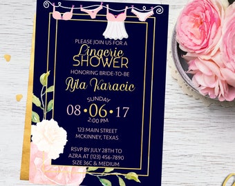 Floral Lingerie Shower Invitation, Navy Pink and Gold Shower Invite, Lingerie Shower Invitation, Bridal Shower, Bachelorette, Gold Geometric