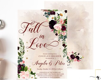 Fall in Love Couples Shower Invitation, Fall Watercolor Floral Invitation, Blush Burgundy Floral Invite, Fall Couples Shower, Autumn Shower