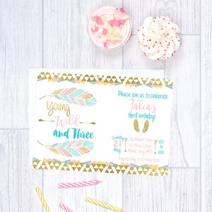 Tribal Birthday Invitation, Young Wild and Three, Girl Birthday Invitation, Boho Birthday Invitation, Pink and Gold, Arrows, Feathers