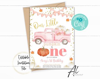 May include: A pink and white truck with a pumpkin on top, carrying pumpkins and flowers. The truck is on a white background with gold glitter and pink and white bunting. The text "Our Little Pumpkin is One" is written in gold and pink. The text "Avay's 1st Birthday" is written in black. The text "Personalize with Coryl" is written in blue on a teal circle.