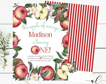 May include: A white invitation with red and green apple illustrations. The text reads "the apple of our eye Madison is turning ONE!" with details for a birthday party.