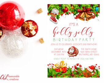 May include: A Christmas-themed birthday party invitation with a holly jolly design. It's a holly jolly birthday party, join us to celebrate Jessica's 2nd birthday. Saturday, December 16th at 2:00 PM. The Smith Home, 1234 Main Street, Baltimore, MD 12345. Kindly RSVP to Ashley at (123) 456-7890.