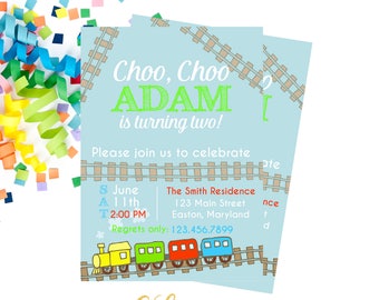 Train Birthday Invitation, Choo Choo I'm Two Train Invite, Second Birthday Invitation, Boy Birthday Invitation, Train Birthday Party