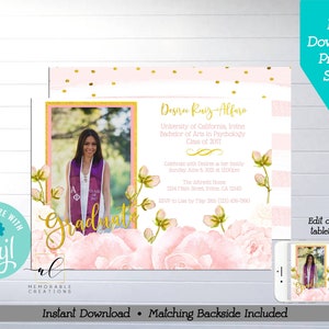 Pink Floral Photo Graduation Printable Invitation, Edit Yourself College Graduation Announcement, Graduation Template, Graduation Party