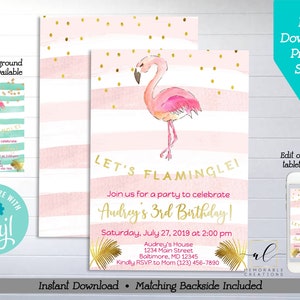 Let&#39;s Flamingle Birthday Printable Invitation, Edit Yourself Pink Flamingo Invitation, Instant Download Flamingo Invite, Editable, Corjl
