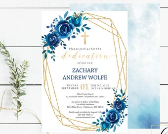 Blue Floral Gold Geometric Dedication Invitation, Dedication Invitation, Boy Dedication Invitation, Floral Dedication Invitation, Baptism