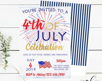 4th of July Party Invitation, 4th of July Celebration, 4th of July Barbecue, Fourth of July, Independence Day, Fireworks, BBQ, Cookout,