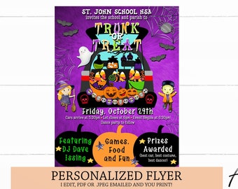 May include: Purple flyer with a cartoon illustration of a car trunk decorated for Halloween. The text reads "Trunk or Treat" and "St. John School HSA invites the school and parish to... Friday, October 29th... Featuring DJ Dave Issing... Games, Food and Fun... Prizes Awarded (best car, best costume, best dancer)".