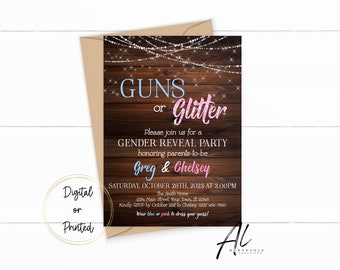 Guns or Glitter Gender Reveal Invitation, Wood Textured Invitation, Guns or Glitter, Boy or Girl, Gender Reveal Party Invite, Gender Reveal