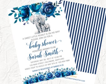 Blue Elephant Baby Shower Invitation, Boy Baby Shower Invitation, Blue Floral Baby Shower Invitation, Baby Shower, Little Peanut Invite