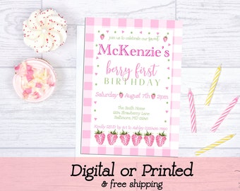 Strawberry Birthday Invitation, Berry First Birthday Invitation, Pink Strawberry Invitation, Girl 1st Birthday, Watercolor Strawberry Invite