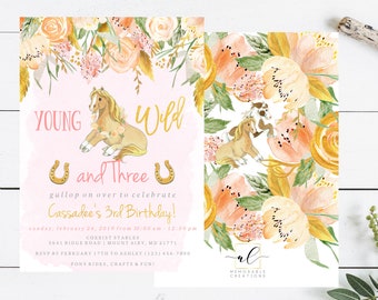 Young Wild and Three Birthday Invitation, Pony Birthday Invitation, Floral Horse Invitation, Watercolor Horse Pony Invitation, 3rd Birthday