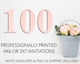 100 Professionally Printed Invitations with White Envelopes and Free US Shipping, Printed Invitations, Printing Service