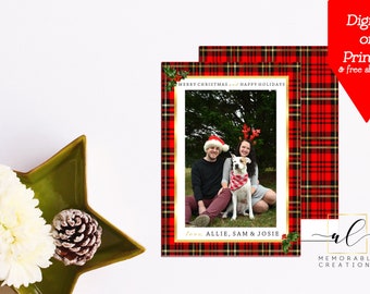 Plaid Christmas Photo Card, Gold Red Black Plaid Holiday Photo Card, 2020 Photo Christmas Card, Christmas Photo Card, Holly, Modern