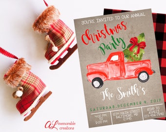 May include: A red and green Christmas party invitation with a red truck carrying a Christmas tree. The invitation is for The Smith's annual Christmas party on December 9, 2017, from 4:00 PM to 8:00 PM. The address is 1234 Main Street, Baltimore, MD 12345. RSVP to Ashley at 123-456-7890.