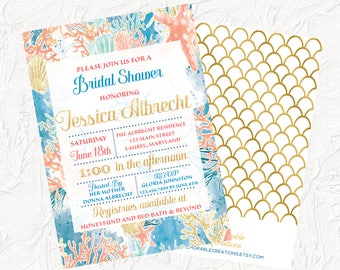 Beach Bridal Shower Invitation, Beach Theme Invitation, Blue Coral Gold, Bridal Shower Invite, Tropical Bridal Shower, Digital File