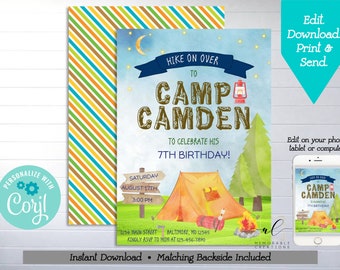 Camping Birthday Printable Invitation, Edit Yourself Camping Birthday Invite, Instant Download Camping Invitation, Camping Party, Corjl