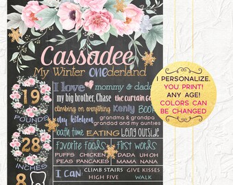 Winter Onederland First Birthday Chalkboard, Pink and Gold Floral Chalkboard, 1st Birthday Poster, Winter Onederland, Milestones Board