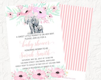 May include: A pink and white striped background with a white card featuring a baby shower invitation with a watercolor illustration of pink flowers and two gray elephants. The text on the card reads "A sweet little peanut is on her way! Please join us for a baby shower honoring mommy-to-be Sarah Smith. Saturday, May 20, 2017 at 12:00 PM 123 Main Street | Baltimore, Maryland. Kindly RSVP to Ashley by May 6th at 123-456-7890. Sarah is registered at Babies R Us."