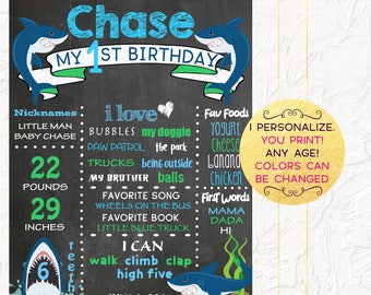 Shark First Birthday Chalkboard, Boy Birthday Chalkboard, 1st Birthday Poster, Shark Party, Photo Prop, Milestones Board, Digital File