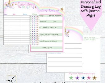 May include: Printable reading log and journal pages featuring a unicorn and rainbow design. The pages are designed for kids to track their reading progress and write about the books they read. The pages are 8.5 inches by 11 inches.