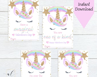 Unicorn Valentine Cards, Kids Valentine Cards, Printable Unicorn Valentines, Valentine's Day, Girl Valentines, Instant Download