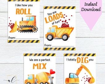 Construction Valentine Cards, Kids Valentine Cards, Construction Vehicles, Construction Truck Valentines, Valentine's Day, Instant Download