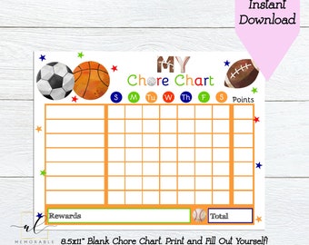 May include: A printable A4 chore chart with a sports theme. The chart features a soccer ball, basketball, and American football. It includes spaces for daily tasks, rewards, and a total points section. The words "My Chore Chart" are at the top.