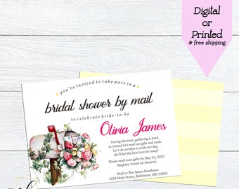 May include: A pink and white bridal shower invitation with a vintage illustration of a mailbox with flowers. The invitation says "You're invited to take part in a bridal shower by mail to celebrate bride-to-be Olivia James".