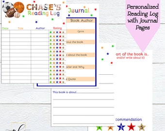 May include: Printable reading log and journal pages for kids featuring a sports theme with basketball, football, and baseball graphics. The reading log has columns for date, title, author, rating, and genre. The journal page has sections for writing about the book, the character, and a favorite quote. The text "CHASE'S Reading Log" and "Journal" is included in the design.