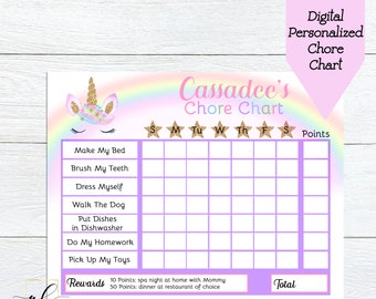 May include: A printable chore chart with a unicorn design. The chart is customizable with a name and includes a grid for tracking daily chores. The chart has a rainbow background and gold glitter accents. The text on the chart reads "Cassadee's Chore Chart".
