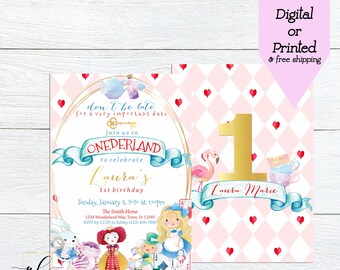 Alice in Onederland Birthday Invitation, Alice in Wonderland Birthday Party, Girl 1st Birthday, Mad Tea Party, Onederland Theme, Pink Alice