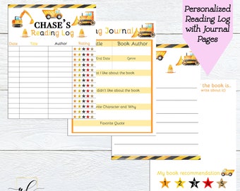 May include: Printable reading log and journal pages featuring a construction theme. The pages are yellow and black with illustrations of construction vehicles. The title of the reading log is "CHASE'S Reading Log". The journal pages include sections for title, author, rating, end date, genre, what you liked about the book, what you didn't like about the book, favorite character and why, and favorite quote.