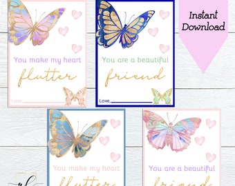 Butterfly Valentine Cards, Kids Valentine Cards, Printable Butterfly Valentines, Valentine's Day, Girl Valentines, Instant Download
