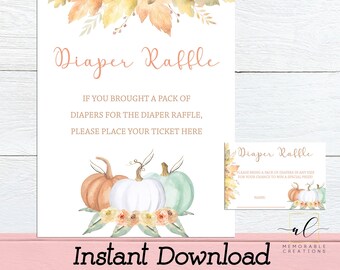 Gender Neutral Pumpkin Diaper Raffle, Printable Pumpkin Diaper Raffle Card and Sign, Fall Baby Shower, Baby Shower Game, Instant Download