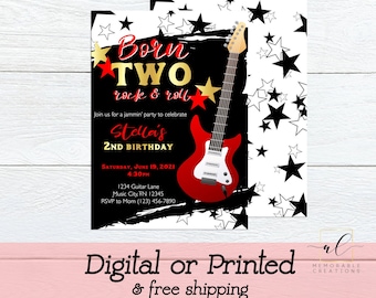 Born Two Rock and Roll Birthday Invitation, Rock and Roll Invite, Rock Star Birthday Party, Red Guitar Invitation, 2nd Birthday Invite